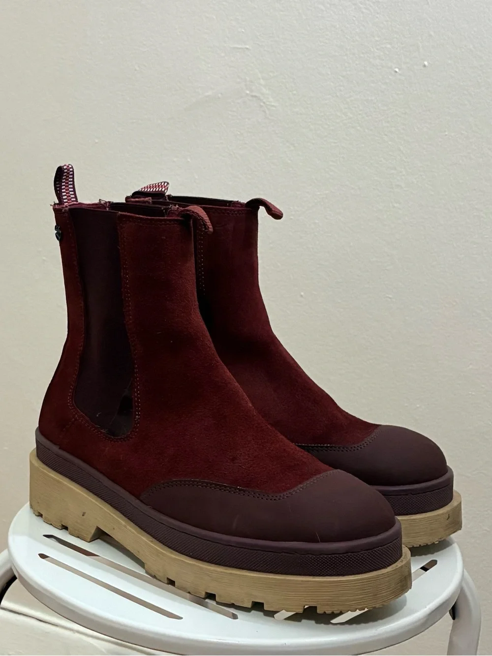 Scotch & Soda Burgundy Suede Lug-Soled Chelsea Booties